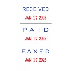 Date Message Stamp Dater Paid, Received, Faxed, 1-1/16"x5/8" Impression, Red/Blue Ink - 98331