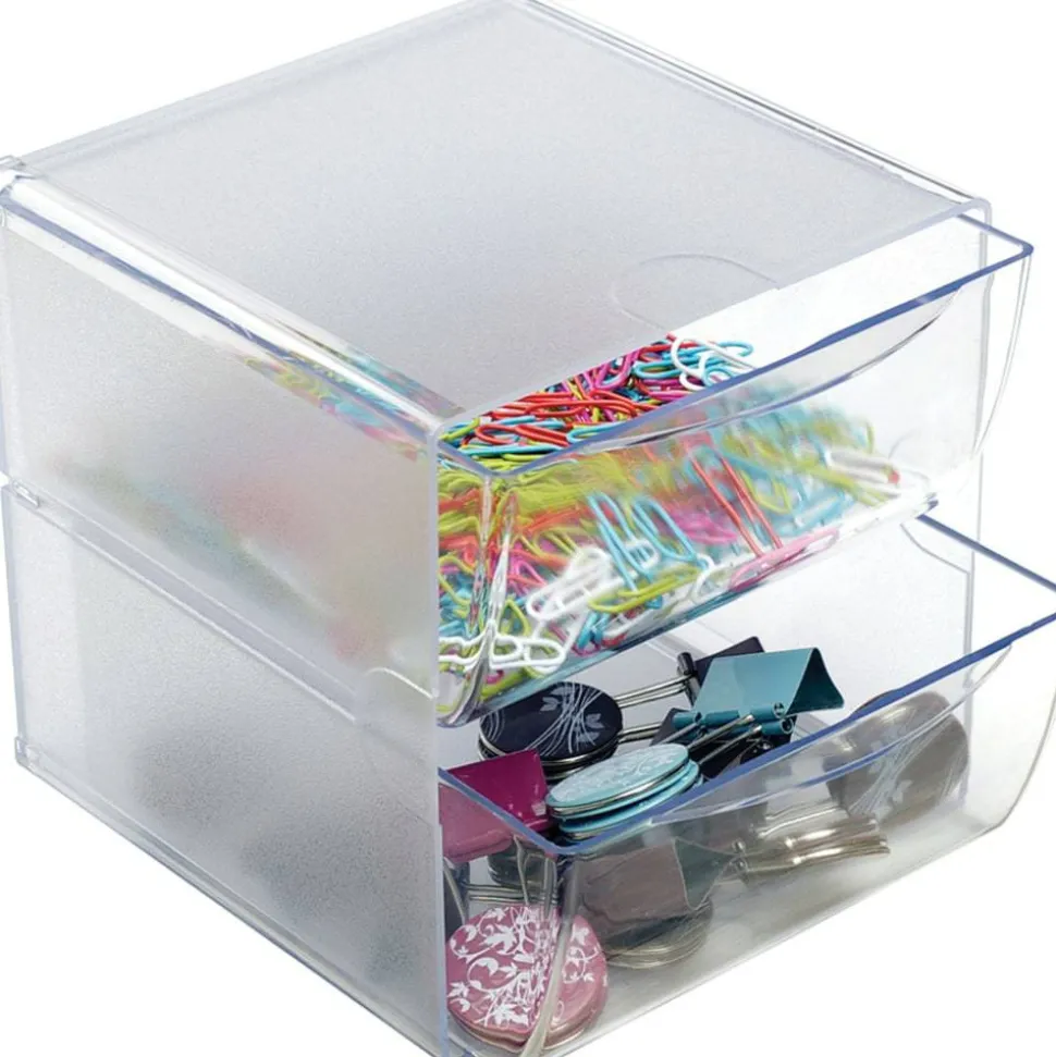 Deflecto Stackable Cube With 2 Drawers, 6"H x 6"W x 7 1/8"D, Clear