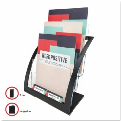 Deflecto Contemporary Literature Holder, 3 Magazine Size Compartments 13 5/16"H x 11 1/4"W x 6 15/16"D, Black/Clear