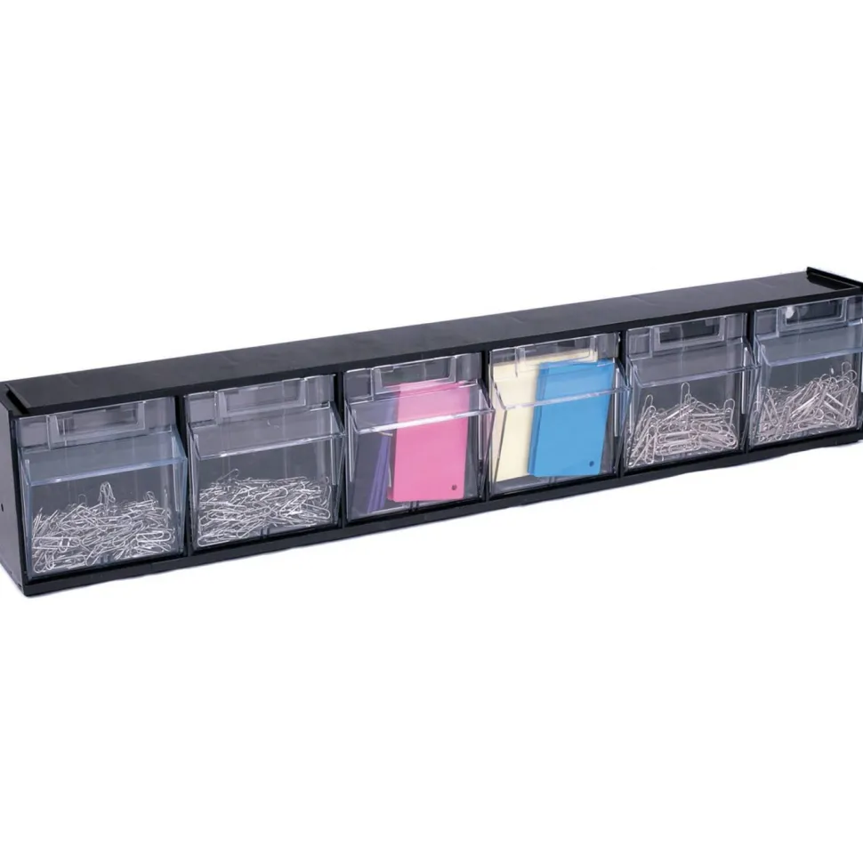 Deflecto Interlocking Horizontal Tilt Bin, 6 Bins, Small Size, 4 1/2" x 23 5/8" x 3 5/8", Black/Clear