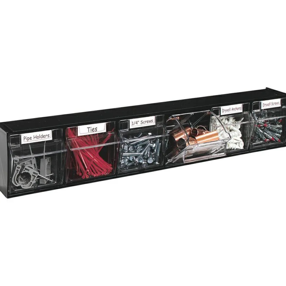 Deflecto Interlocking Horizontal Tilt Bin, 6 Bins, Small Size, 4 1/2" x 23 5/8" x 3 5/8", Black/Clear