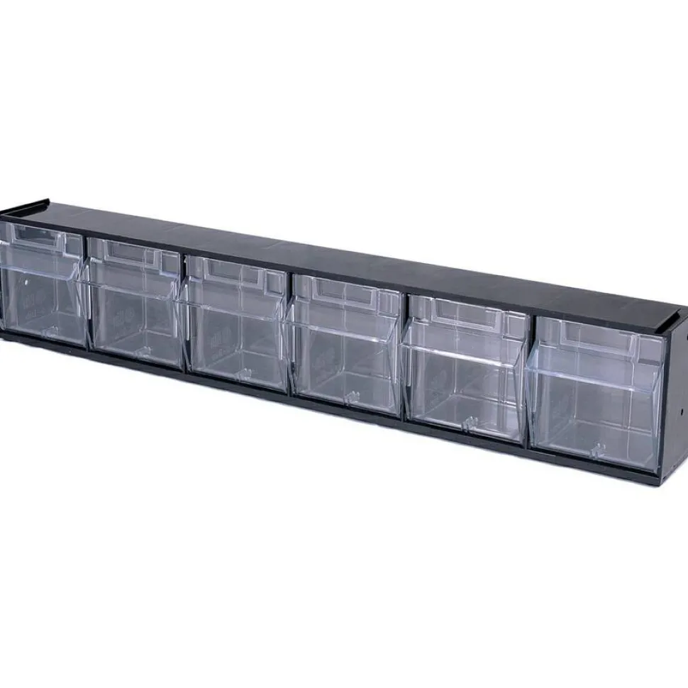 Deflecto Interlocking Horizontal Tilt Bin, 6 Bins, Small Size, 4 1/2" x 23 5/8" x 3 5/8", Black/Clear