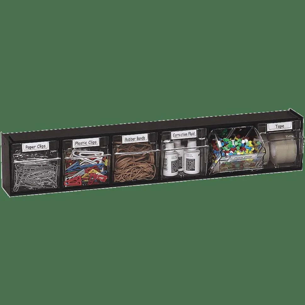 Deflecto Interlocking Horizontal Tilt Bin, 6 Bins, Small Size, 4 1/2" x 23 5/8" x 3 5/8", Black/Clear
