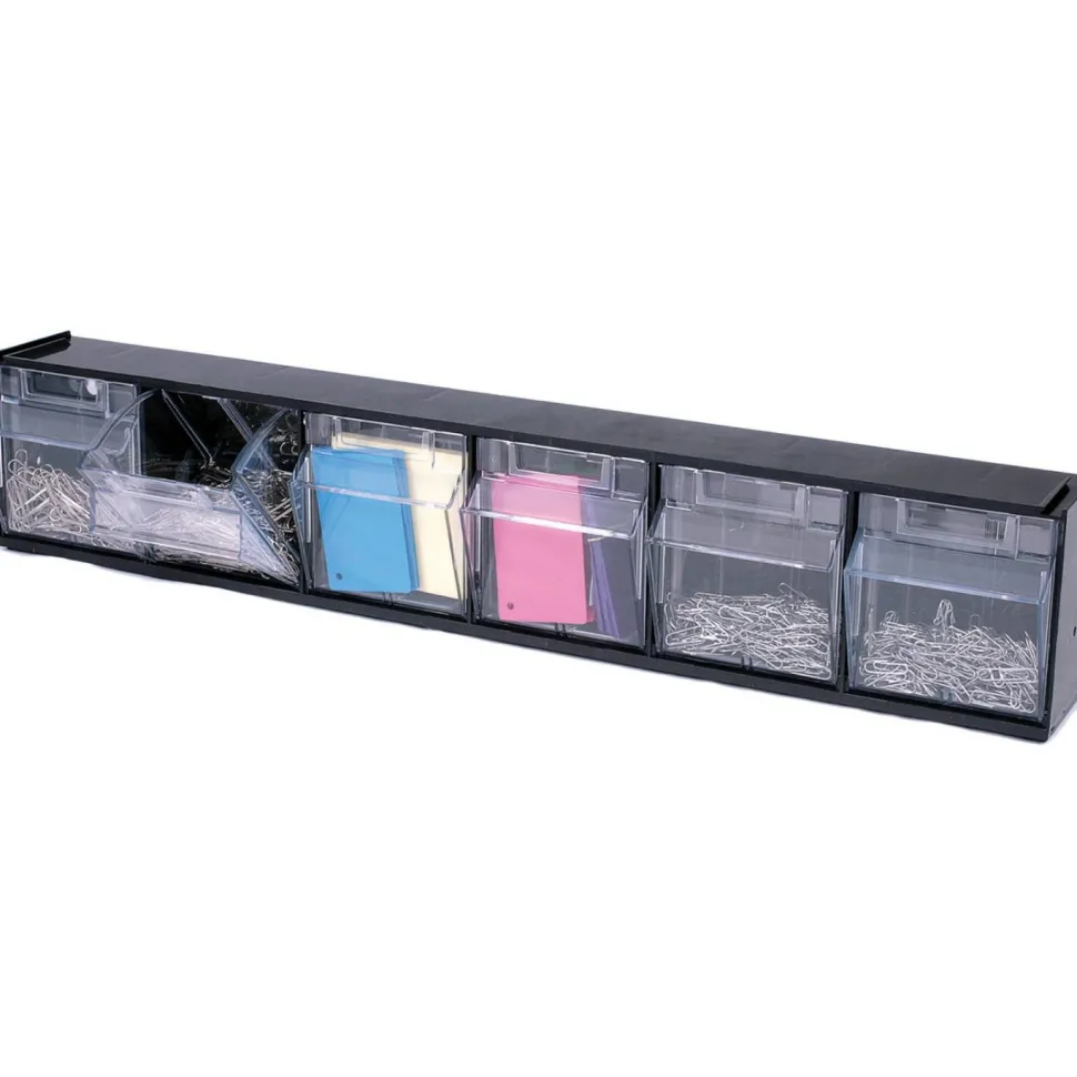 Deflecto Interlocking Horizontal Tilt Bin, 6 Bins, Small Size, 4 1/2" x 23 5/8" x 3 5/8", Black/Clear