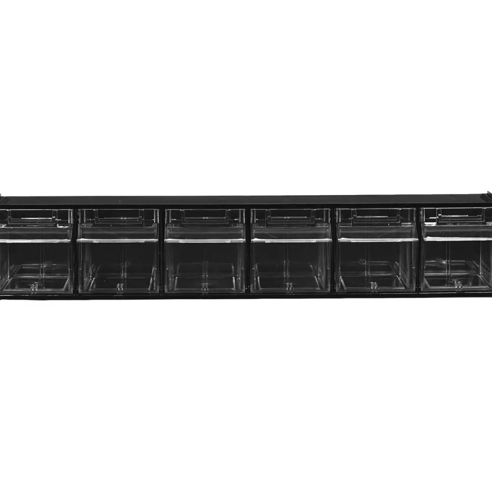 Deflecto Interlocking Horizontal Tilt Bin, 6 Bins, Small Size, 4 1/2" x 23 5/8" x 3 5/8", Black/Clear