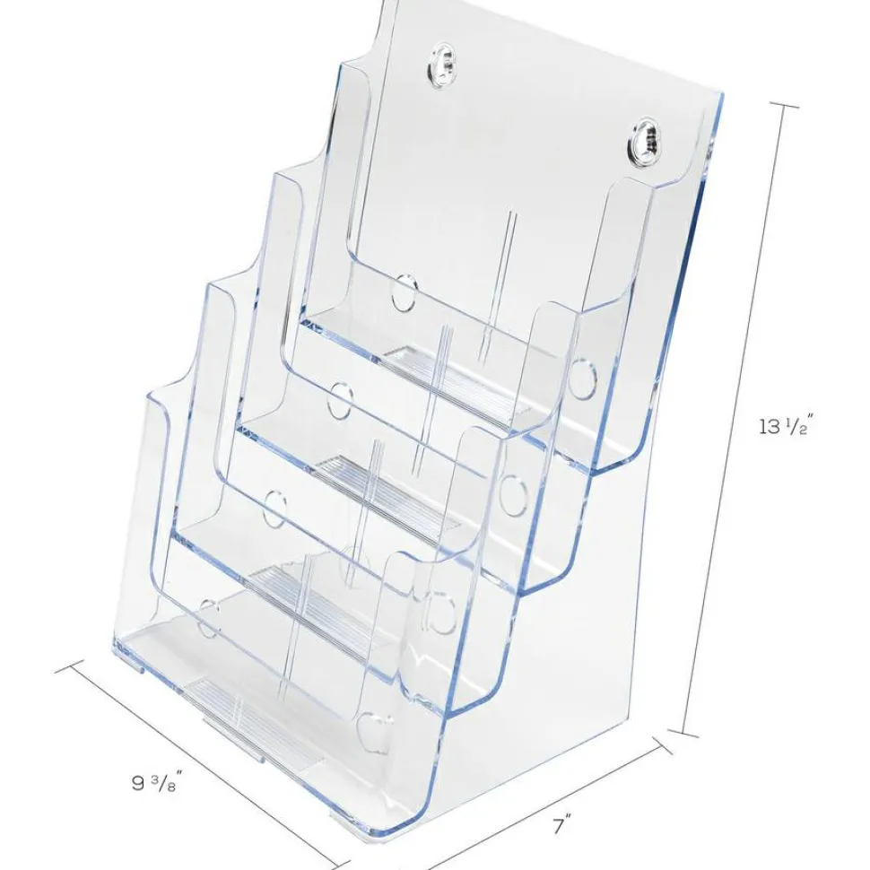Deflecto Literature DocuHolder, 4 Magazine Compartments, 13 5/8"H x 9 3/8"W x 7"D, Clear