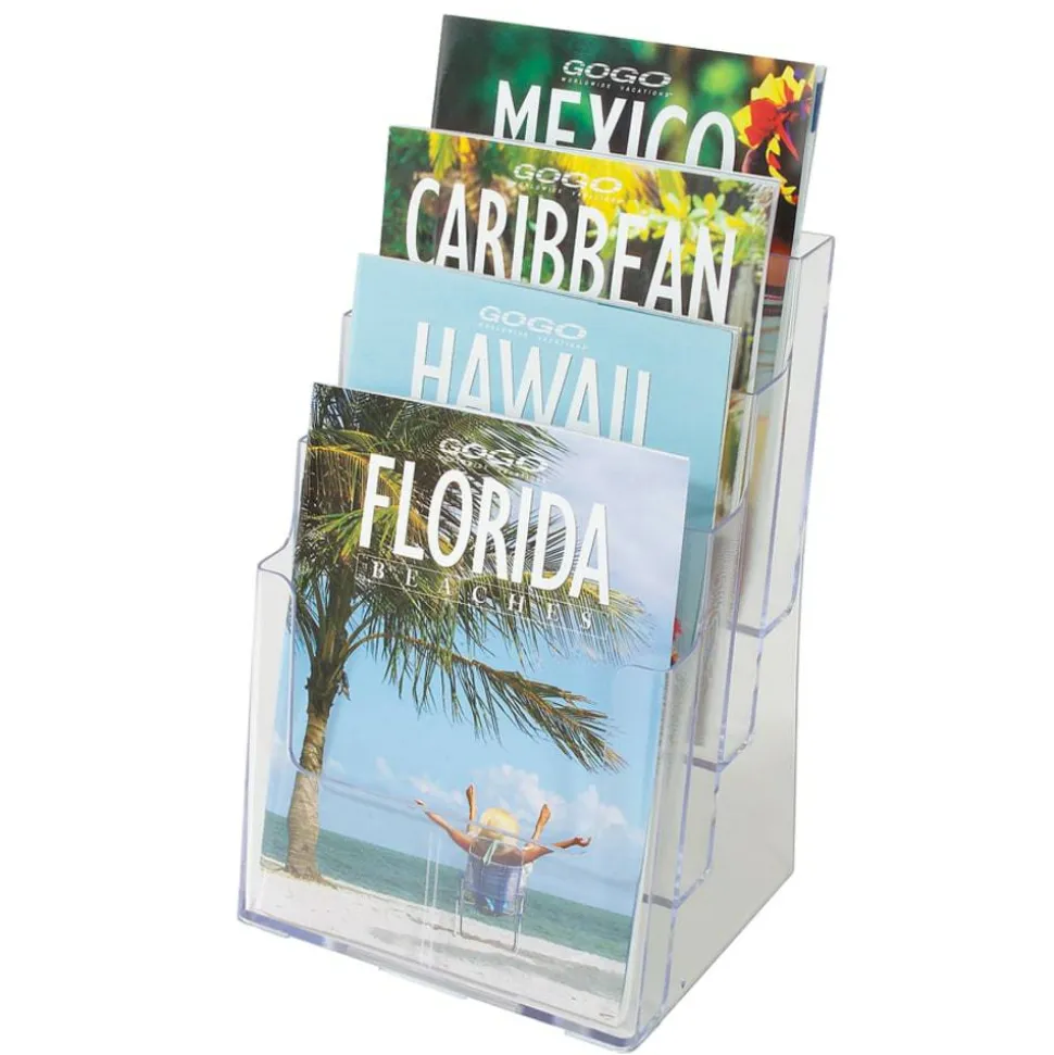 Deflecto Literature DocuHolder, 4 Magazine Compartments, 13 5/8"H x 9 3/8"W x 7"D, Clear