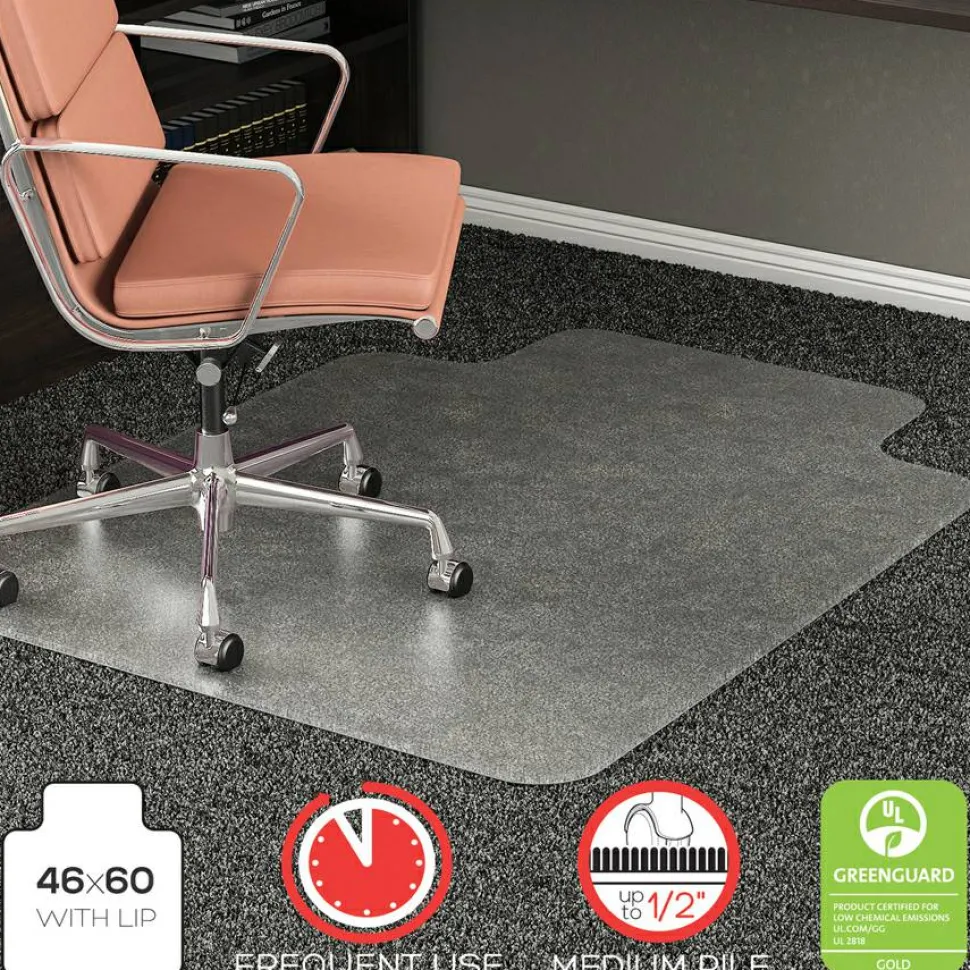 deflecto RollaMat Chairmat - Home, Office, Carpet - 60" Length x 46" Width - Lip Size 12" Length x 25" Width - Rectangle - Textured - Vinyl - Clear