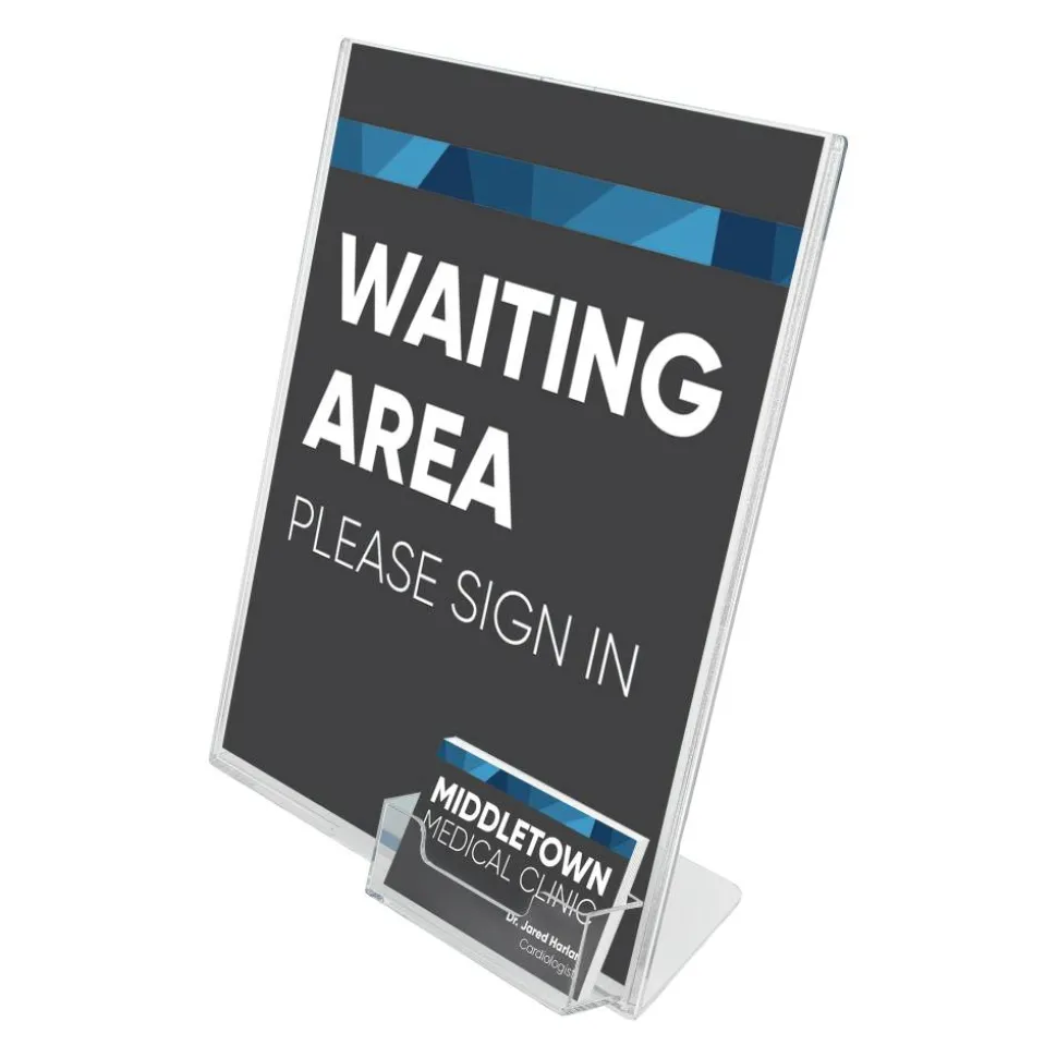 Deflecto Superior Image Slanted Sign Holder With Business Card Holder, 11 1/4"H x 9"W x 4 1/2"D, Clear