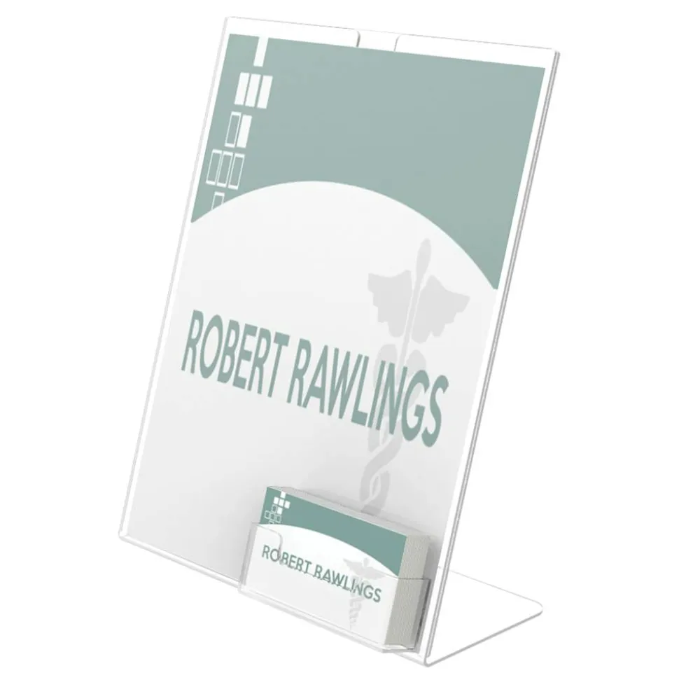 Deflecto Superior Image Slanted Sign Holder With Business Card Holder, 11 1/4"H x 9"W x 4 1/2"D, Clear