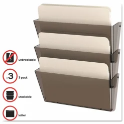 deflecto Unbreakable DocuPocket Wall File, 3 Sections, Letter Size, 14.5" x 3" x 6.5", Smoke, 3/Pack