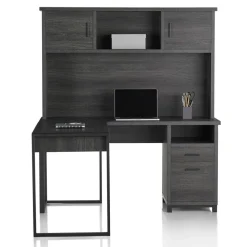 DeJori 59"W L-Shape Corner Desk With Hutch, Charcoal