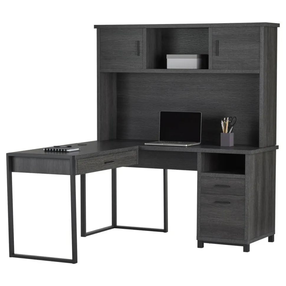DeJori 59"W L-Shape Corner Desk With Hutch, Charcoal