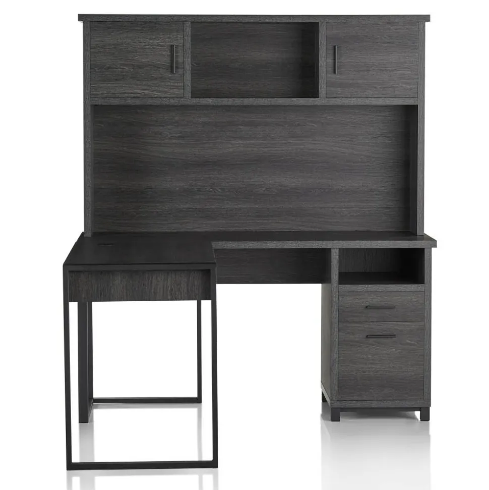 DeJori 59"W L-Shape Corner Desk With Hutch, Charcoal