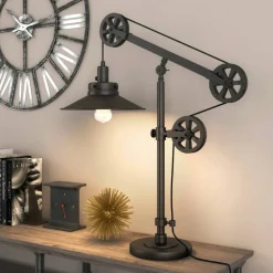 Descartes 29" Tall Wide Brim/Pulley System Table Lamp with Metal Shade in Blackened Bronze/Blackened Bronze