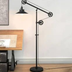 Descartes Wide Brim/Pulley System Floor Lamp with Metal Shade in Blackened Bronze/Blackened Bronze
