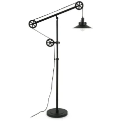Descartes Wide Brim/Pulley System Floor Lamp with Metal Shade in Blackened Bronze/Blackened Bronze