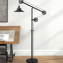 Descartes Wide Brim/Pulley System Floor Lamp with Metal Shade in Blackened Bronze/Blackened Bronze