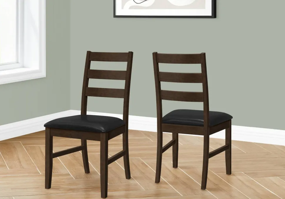Dining Chair, Set Of 2, 37" Height, Kitchen, Dining Room, Side, Upholstered, Brown Leather Look, Brown Solid Wood, Transitional