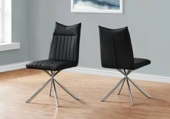 Dining Chair, Set Of 2, Side, Upholstered, Kitchen, Dining Room, Black Leather Look, Chrome Metal, Contemporary, Modern