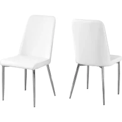 Dining Chair, Set Of 2, Side, Upholstered, Kitchen, Dining Room, White Leather Look, Chrome Metal, Contemporary, Modern