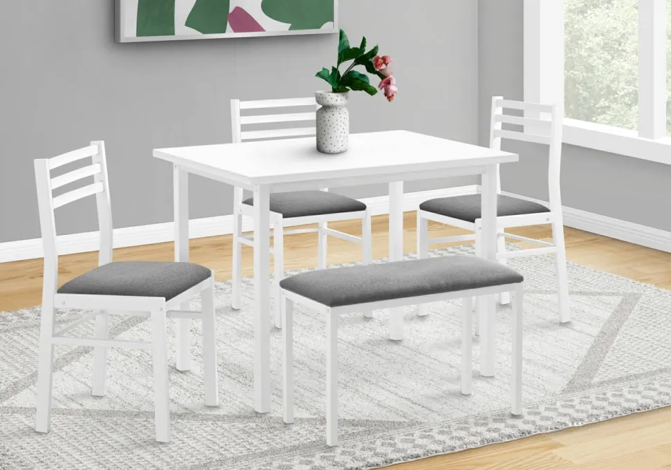 Dining Set, 5pcs Set, 40" Rectangular, Kitchen, Small, White Metal And Laminate, Grey Fabric, Contemporary, Modern