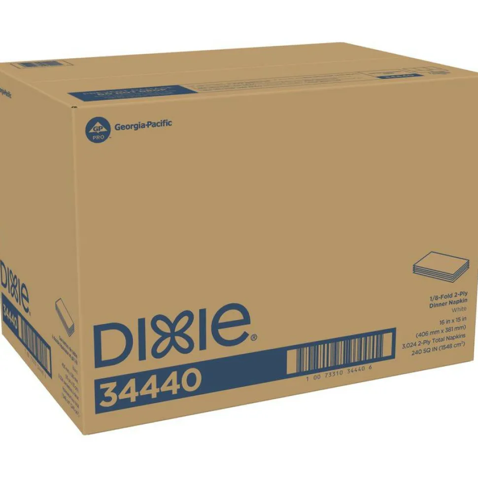 Dixie 1/8-Fold Dinner Napkin, 2-Ply, 16 x 15, White, 3,024/Carton