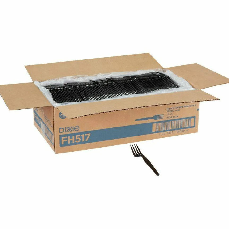 Dixie Plastic Cutlery, Heavyweight Fork, Black, 1,000/Carton
