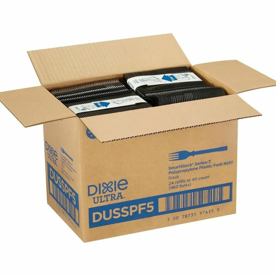 Dixie SmartStock Tri-Tower Dispensing System Polypropylene Cutlery, Mediumweight Fork, Plastic, Black, 40/Pack, 24 Packs/Carton