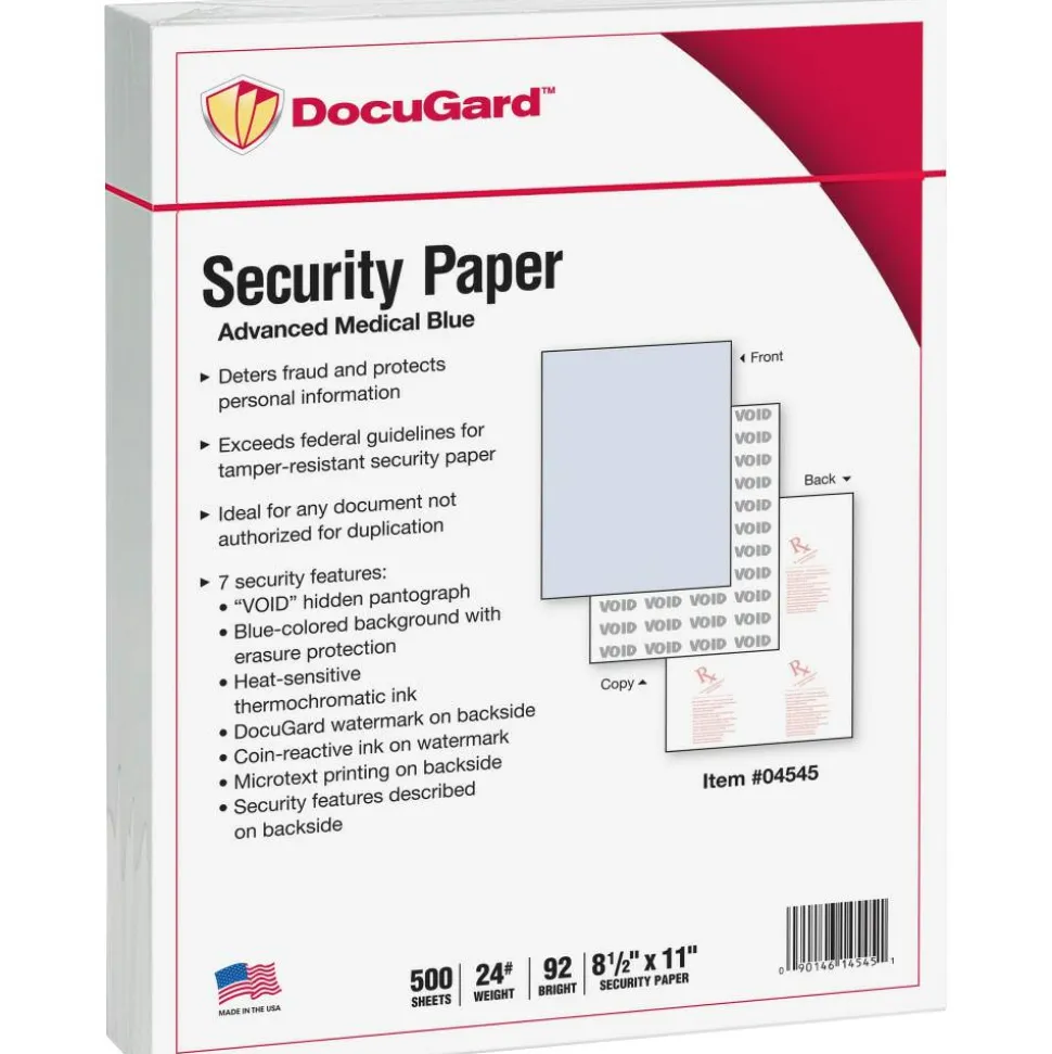 DocuGard Advanced Medical Security Paper - Letter - 8 1/2" x 11" - 24 lb Basis Weight - Tamper Resistant, Watermarked, CMS Approved - Blue - 500 / Ream