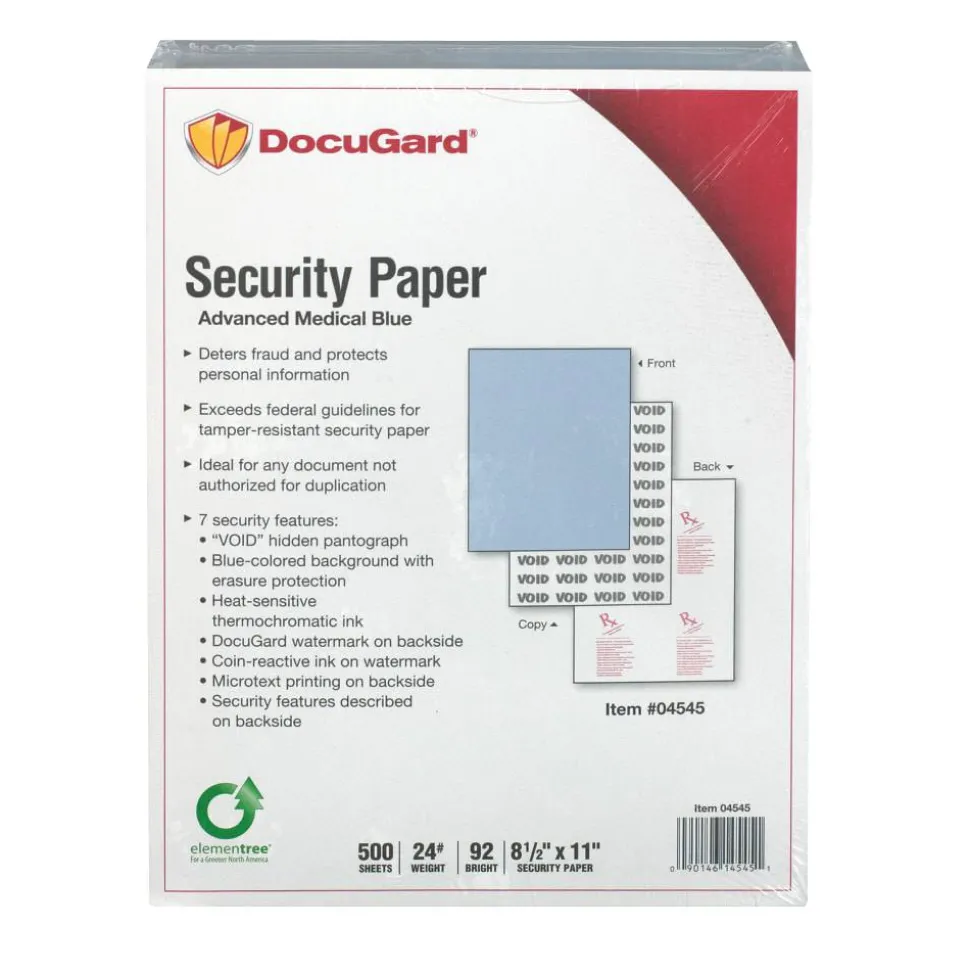 DocuGard Advanced Medical Security Paper - Letter - 8 1/2" x 11" - 24 lb Basis Weight - Tamper Resistant, Watermarked, CMS Approved - Blue - 500 / Ream