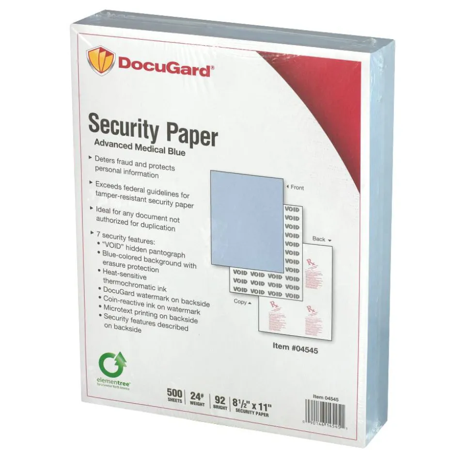 DocuGard Advanced Medical Security Paper - Letter - 8 1/2" x 11" - 24 lb Basis Weight - Tamper Resistant, Watermarked, CMS Approved - Blue - 500 / Ream
