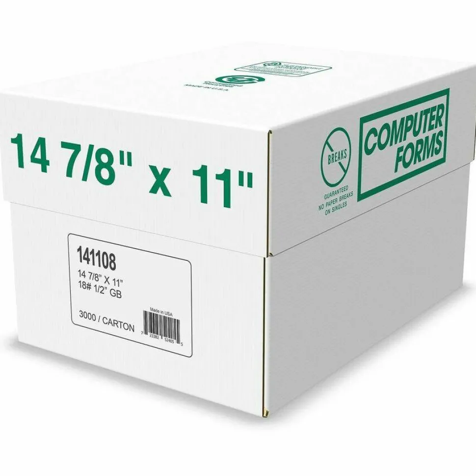 Domtar Continuous Feed Computer Paper, 1-Part, 18 lb Bond Weight, 11 x 14.88, White/Green Bar, 3,000/Carton
