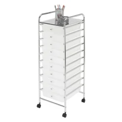 10-Drawer Mobile Cart, 35-13/16”H x 12-5/8”W x 14-3/8”D, White/Chrome