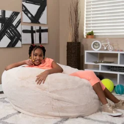 Duncan Oversized White Furry Refillable Bean Bag Chair for All Ages