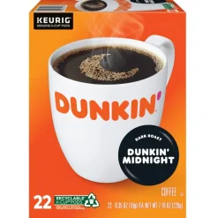 Dunkin' Donuts Single-Serve Coffee K-Cups, Dark Roast, Carton Of 4 Cups, Box of 22 Cartons