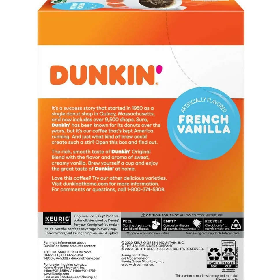 Dunkin' K-Cup Pods, French Vanilla, 22 Pods/Box