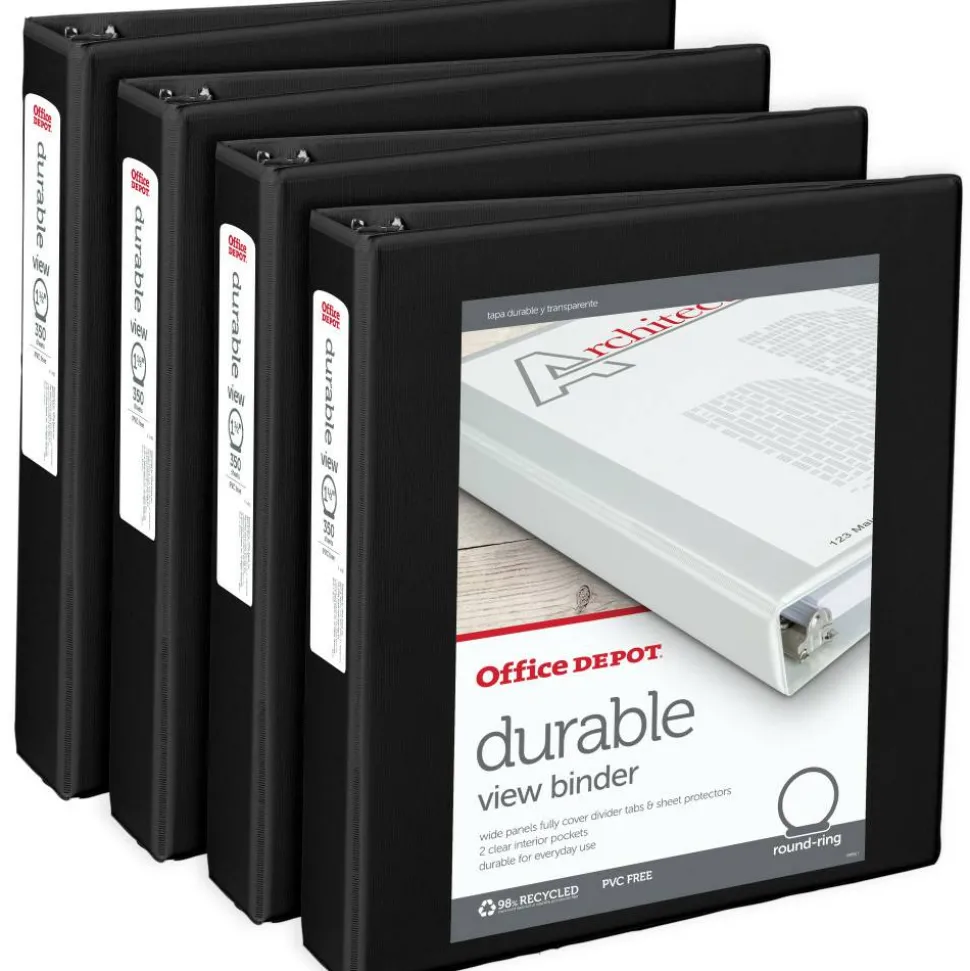 Durable View 3-Ring Binder, 1 1/2" Round Rings, Black, Pack Of 4
