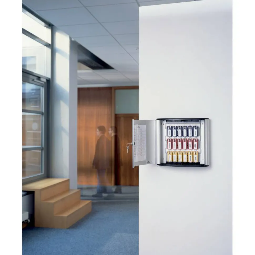 Durable 36-Key Locking Tag-Style Aluminum Key Tag Cabinet, 11" x 11 3/4" x 4 5/8", Silver