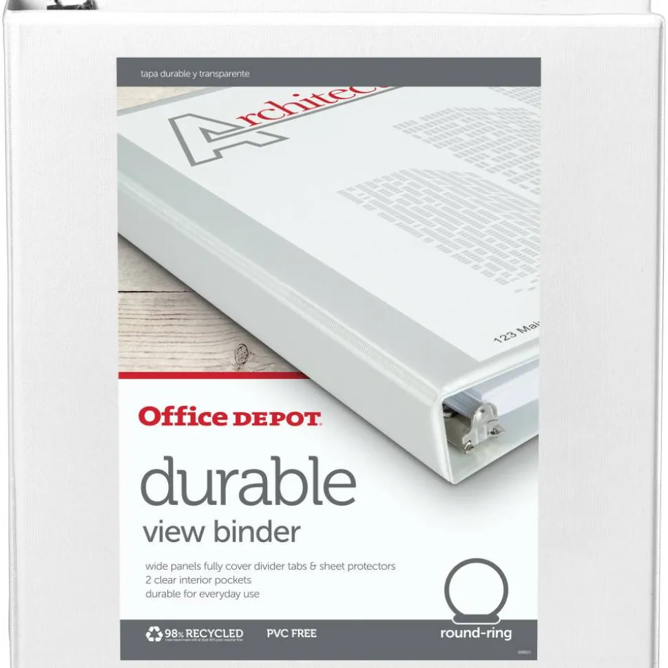 Durable View 3-Ring Binder, 1 1/2" Round Rings, White, OD02961