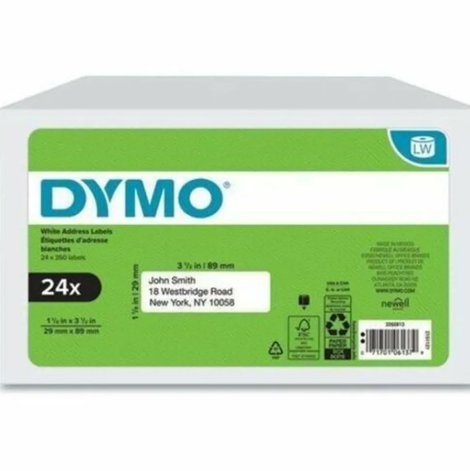 DYMO LabelWriter Address Labels, 1-1/8"H x 3-1/2"W, Rectangle, White, 350 Labels Per Roll, Pack Of 24 Rolls