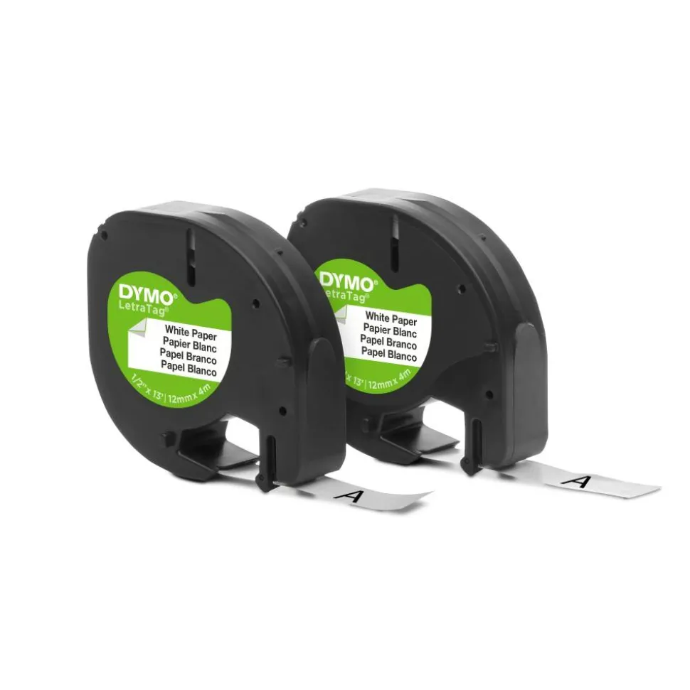 DYMO LT 10697 Black-On-White Tape, 0.5" x 13', Pack Of 2