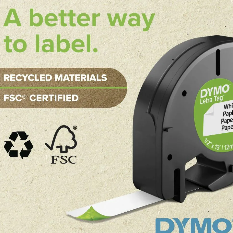 DYMO LT 10697 Black-On-White Tape, 0.5" x 13', Pack Of 2