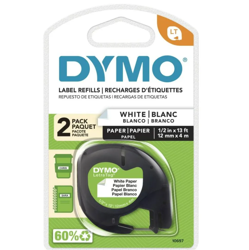 DYMO LT 10697 Black-On-White Tape, 0.5" x 13', Pack Of 2