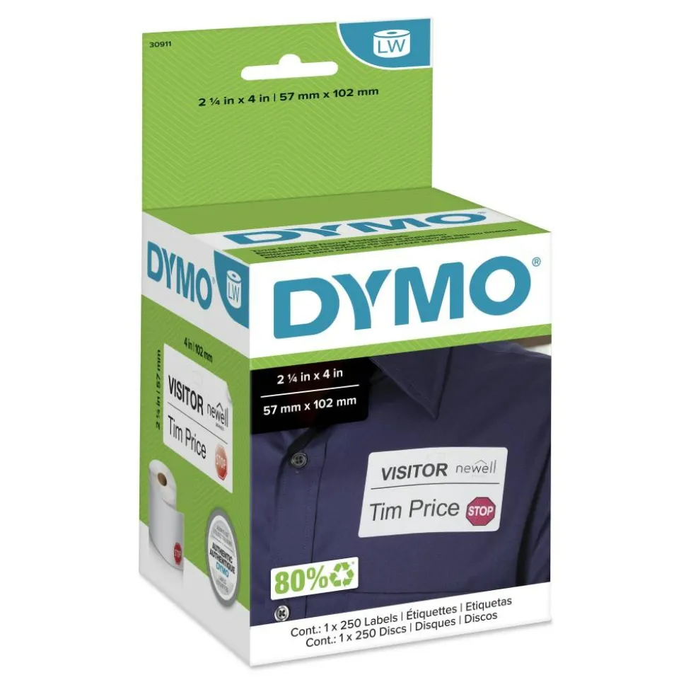 DYMO Visitor Management Time-Expiring Name Badges, Adhesive, 2.25" x 4", 250 Labels/Box