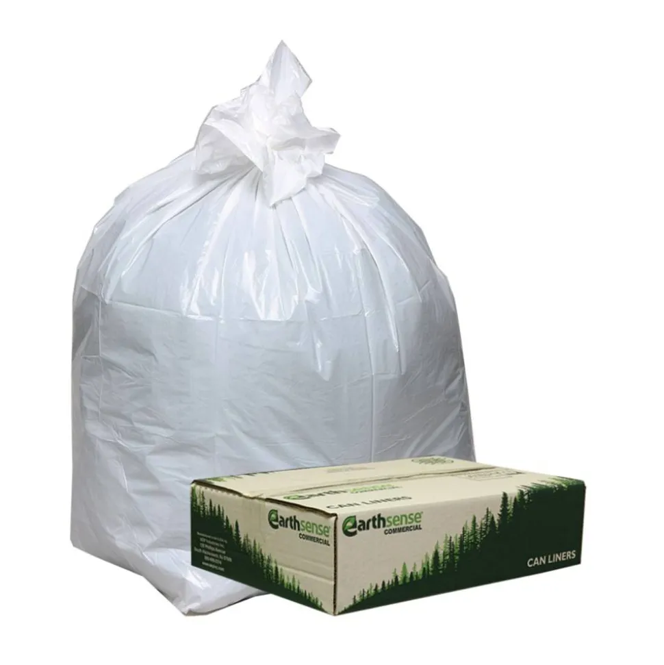 Earthsense Commercial Linear-Low-Density Recycled Tall Kitchen Bags, Open-Face, 13 gal, 24" x 33", White, 15 Bags/Roll, 10 Rolls/Box