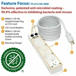 Eaton Tripp Lite Series Safe-IT UL 1363A Medical-Grade Power Strip for Patient-Care Vicinity, 6x15A Hospital-Grade Outlets, Safety Covers, 15 ft. Cord