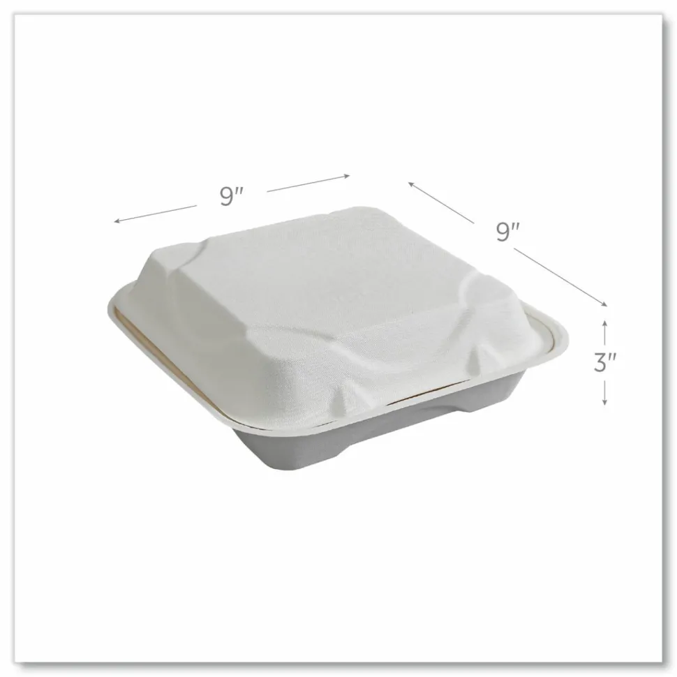 Eco-Products Vanguard Renewable and Sugarcane Clamshells, 9 x 9 x 3, White, 200/Carton