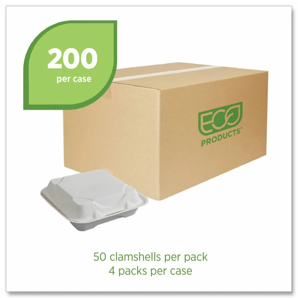 Eco-Products Vanguard Renewable and Sugarcane Clamshells, 9 x 9 x 3, White, 200/Carton