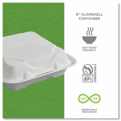 Eco-Products Vanguard Renewable and Sugarcane Clamshells, 9 x 9 x 3, White, 200/Carton